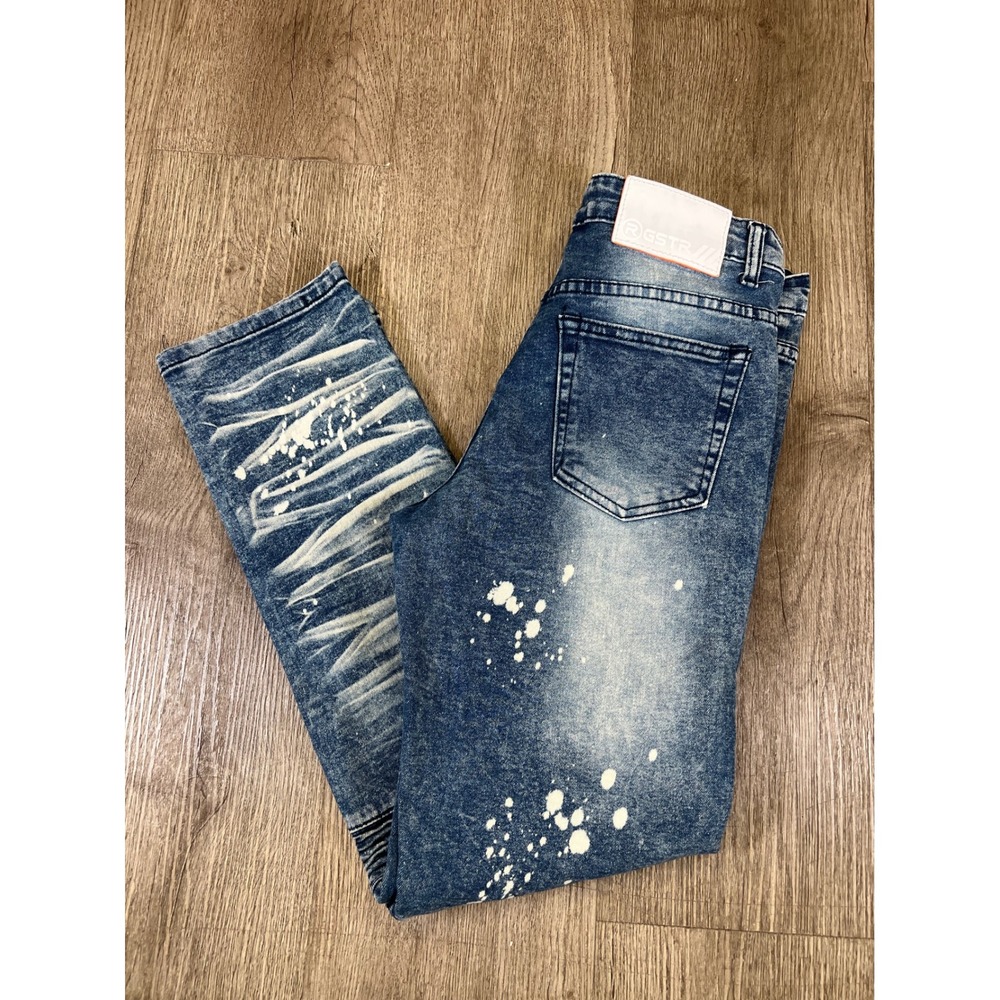 GSTR Boys Moto Biker Jeans Size 16 Blue Acid Wash Paint Splatter Ribbed Denim
